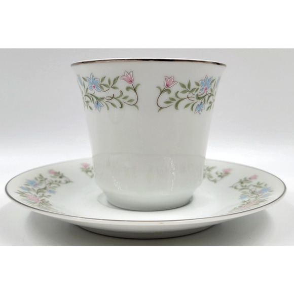 Eileen Cotillion Cup & Saucer Japan Floral Pink Blue Platinum Trim Set of 2 - Picture 10 of 14